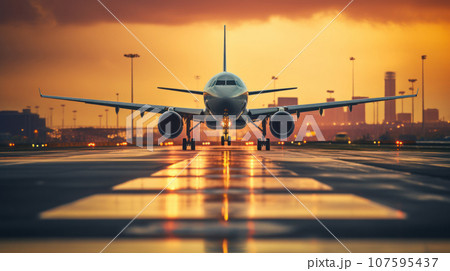 airplane landing in the airport at sunset airplane landing in the airport at sunset 107595437