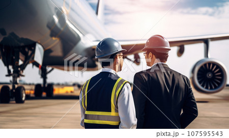 Two Engineer talking at engine airplane constructions site Two Engineer talking at engine airplane constructions site 107595543