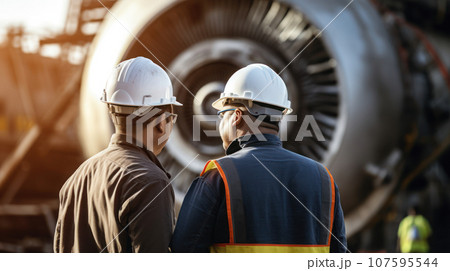 Two Engineer talking at engine airplane constructions site 107595544
