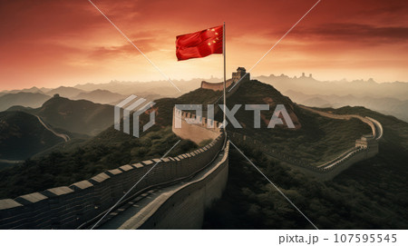China flag on the great Wall of China landscape China flag on the great Wall of China landscape 107595545