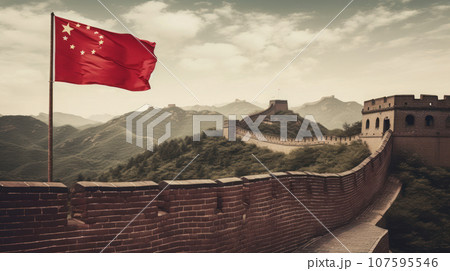 China flag on the great Wall of China landscape 107595546