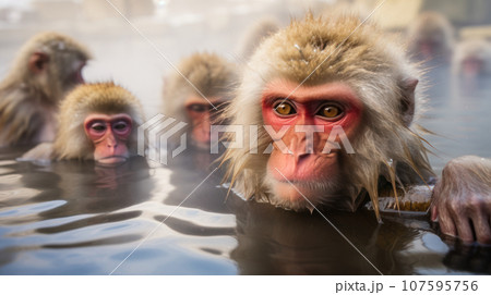 The monkey in the onsen with snowy 107595756