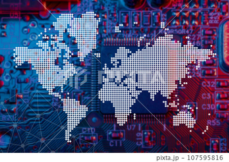 Digital Circuit Board overlay with world map for Global Microprocessor computer chips trade distribution and logistic concept 107595816