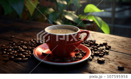 The hot coffee cup on the wooden 107595958