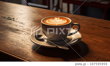 The hot coffee cup on the wooden The hot coffee cup on the wooden 107595959