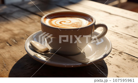 The hot coffee cup on the wooden The hot coffee cup on the wooden 107595961