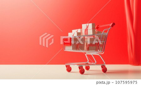 Red Boxes in a trolley on the pastel background Red Boxes in a trolley on the pastel background 107595975