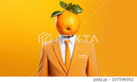 Man Fruit Orange wearing a suit in the pastel color background 107596002