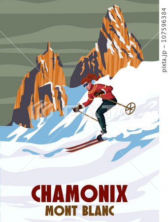 Travel poster Ski Chamonix resort vintage. France winter landscape travel card 107596384