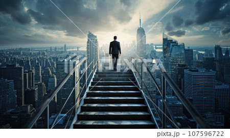 close-up the side view businessman walking up the ladder raise both hands to success 107596722