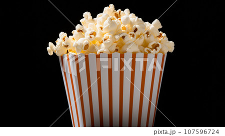Popcorn on a black background. Delicious snacks. 107596724