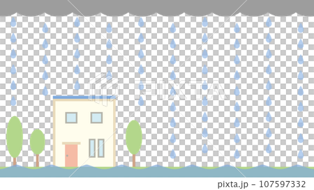 淹沒在雨雲和雨水下的兩層方形房屋的插圖 107597332