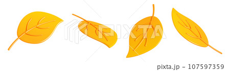 Yellow linden leaf falling and flying 3d render illustration - cartoon icon of autumn tree dry colorful foliage in various angles for seasonal design. Orange botanical floating fall plant element. 107597359