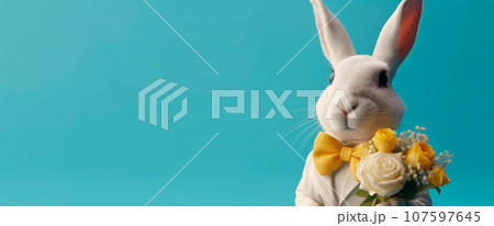 White rabbit in a classic jacket and bow tie with a bouquet of flowers. Formally dressed handsome groom with beige and yellow roses. Portrait on an isolated blue background banner. Wedding. 107597645
