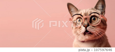 Portrait of a funny cat with big surprised eyes in transparent round glasses on an isolated soft pink background. Panoramic image of the cat in shock head on the right against of a isolated banner. 107597646