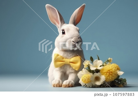 White rabbit in a yellow bow tie sits next to a bouquet of flowers. Full-size shot of a hare on an isolated blue background. Holiday, wedding, birthday. White rabbit in a yellow bow tie sits next to a bouquet of flowers. Full-size shot of a hare on an isolated blue background. Holiday, wedding, birthday. 107597883