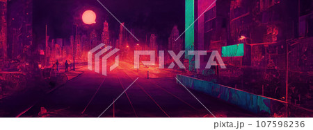 Cyberpunk neon city night. Futuristic city scene in a style of pixel art. 80's wallpaper. Retro future. Generative AI illustration. Urban scene. 107598236