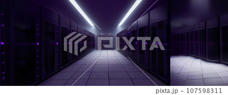 Dark Server racks in computer network security server room data center. Generative AI. Dark Server racks in computer network security server room data center. Generative AI. 107598311