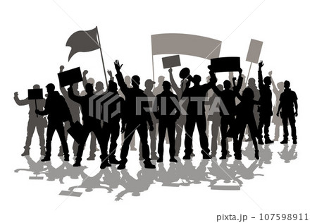 Protesters, enraged crowd of people silhouette. Silhouettes of crowd of people with raised up hands and flags. Iconic protester raised fist isolated 107598911