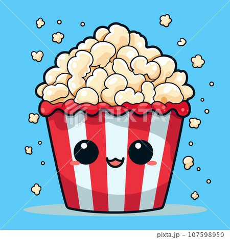 Cute kawaii smiling popcorn in basket in flat clipart style 107598950