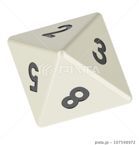 White 8 sided die, octahedron dice, 3D rendering White 8 sided die, octahedron dice, 3D rendering 107598972