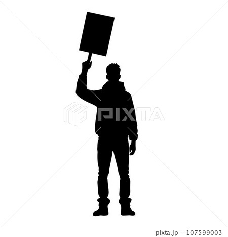 Protesters, enraged crowd of people silhouette. Silhouettes of crowd of people with raised up hands and flags. Iconic protester raised fist isolated 107599003