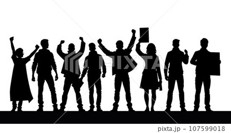 Protesters, enraged crowd of people silhouette. Silhouettes of crowd of people with raised up hands and flags. Iconic protester raised fist isolated 107599018