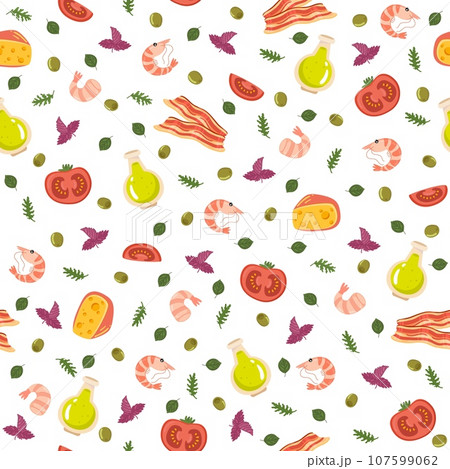 Seamless pattern with seafood. Fresh restaurant delicacies, Italian food, olive oil, shrimp, bacon and tomato. Decor textile, wrapping paper, wallpaper design. Print for fabric. Vector concept Seamless pattern with seafood. Fresh restaurant delicacies, Italian food, olive oil, shrimp, bacon and tomato. Decor textile, wrapping paper, wallpaper design. Print for fabric. Vector concept 107599062