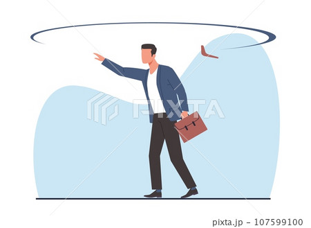 Return of bad deed, businessman gets back boomerang he set off. Consequences and Karma. Confused male character. Cause effect. Risky ventures. Cartoon flat style isolated vector concept 107599100
