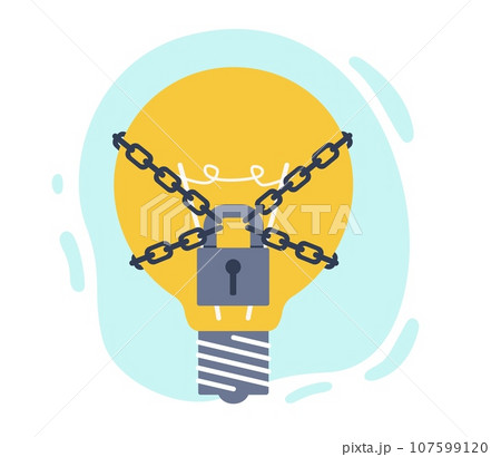 Intellectual property protection, light bulb icon as symbol of idea is protected by lock. Copyright license and product trademark. Information security. Cartoon flat isolated vector concept Intellectual property protection, light bulb icon as symbol of idea is protected by lock. Copyright license and product trademark. Information security. Cartoon flat isolated vector concept 107599120