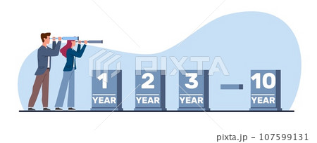 Concept of long range planning, businessmen look through telescope to see future of project. Successful vision, searching goals, ambition and motivation. Vector cartoon flat illustration 107599131