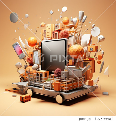 Shopping cart with various goods, sale day, online shopping,. Concept seasonal discounts, black friday, cuber monday Shopping cart with various goods, sale day, online shopping,. Concept seasonal discounts, black friday, cuber monday 107599481