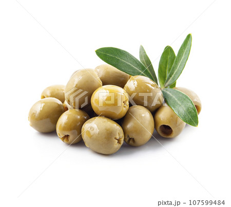 Olives with leaves on white backgrounds 107599484