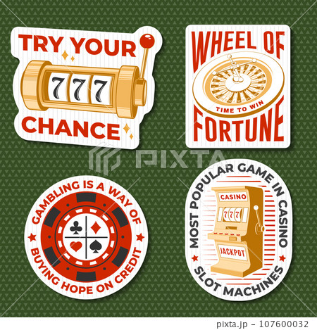 Gambling sticker, print, logo, badge design with wheel of fortune, two dice and casino slot machines. Vector. Wheel of fortune, two dice and casino slot machines for gambling industry. Gambling sticker, print, logo, badge design with wheel of fortune, two dice and casino slot machines. Vector. Wheel of fortune, two dice and casino slot machines for gambling industry. 107600032