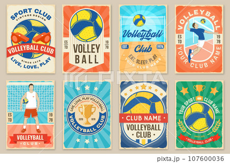 Set of Volleyball club retro poster, banner design. Vector illustration. For college league sport club emblem, sign, logo. Vintage retro poster, banner design with volleyball ball, player silhouettes. 107600036