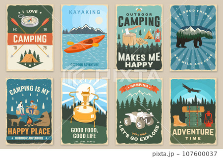 Set of camping retro posters. Vector illustration. Vintage typography design with climber, bear and campfire, carabiners, climbing cams, hexes, camper tent, axe, mountain, man with guitar. 107600037