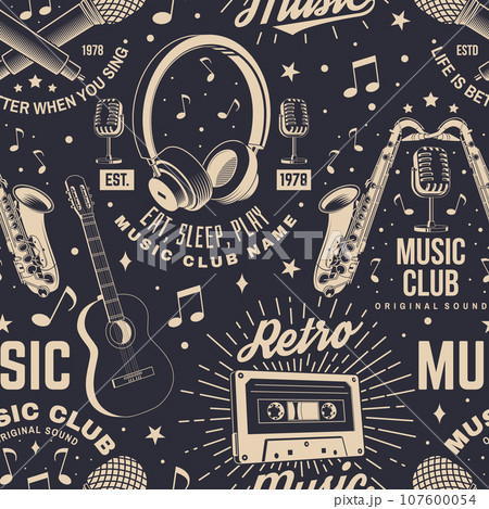 Retro music club seamless pattern. Background with retro microphone, saxophone, audio cassette, classical acoustic guitar, headphones with sunburst. Concept for background or wallpaper. Vector 107600054