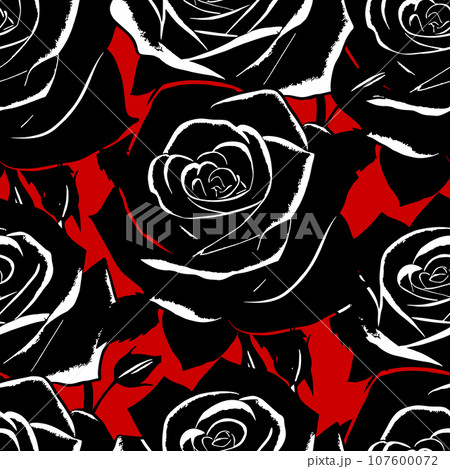 seamless black and white graphic pattern of large rose flowers on a gray red background, texture, design seamless black and white graphic pattern of large rose flowers on a gray red background, texture, design 107600072
