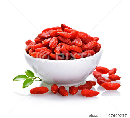Goji berries closeup on white backgrounds. Generated Ai 107600257