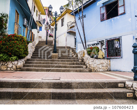 Monumental stairway of Santa Ana hill with colorful houses made in colonial style, Guayaquil, Ecuador Monumental stairway of Santa Ana hill with colorful houses made in colonial style, Guayaquil, Ecuador 107600423