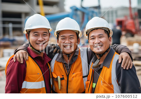 Group of happy Asian workers in hard hats and construction uniforms at a construction site 107600512