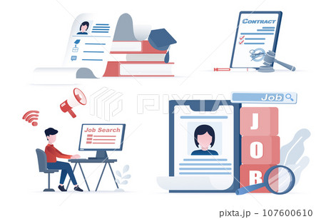 Job collection set. Job recruitment process, interview, job search, resume, job experience, skill, opportunity, contract agreement. Flat vector design illustration. 107600610