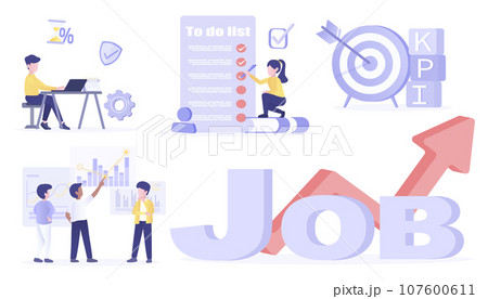 Business ideas collection set. Recruitment, job positions, finding opportunity, competition, skill, experience, human resource, hiring employees. Flat vector design illustration. 107600611