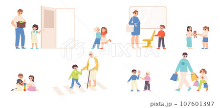 Good manners and polite kids. Cute good children in different situations in public transport and on street. Helping toddlers snugly vector scenes 107601397