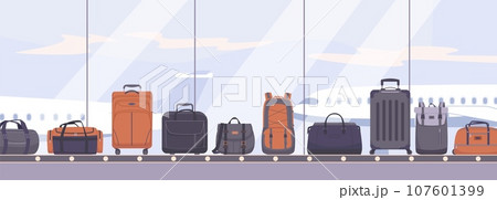 Travel baggage on conveyor, luggage on airport belt. Plastic suitcases and backpack, big bags. Security claim and safety flight, kicky vector flat scene Travel baggage on conveyor, luggage on airport belt. Plastic suitcases and backpack, big bags. Security claim and safety flight, kicky vector flat scene 107601399