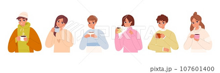 People drinking hot drinks. Women hold tea cup, warm latte or coffee mug. Young person holding beverage and chocolade snugly vector characters People drinking hot drinks. Women hold tea cup, warm latte or coffee mug. Young person holding beverage and chocolade snugly vector characters 107601400