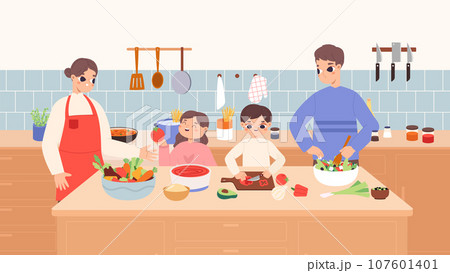 Family cooking together at home kitchen. Happy time with parents and siblings. People preparing lunch, breakfast or dinner, snugly vector scene 107601401