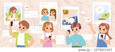 Children using social media with smartphones, posting and chatting. Cute toddlers with phones, doing likes and post photos, snugly vector concept 107601403