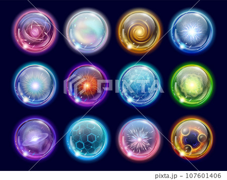 Realistic magic plasma spheres and energy balls. Flash lightning, colorful electric sparks. Decorative mystical glass ball pithy vector set Realistic magic plasma spheres and energy balls. Flash lightning, colorful electric sparks. Decorative mystical glass ball pithy vector set 107601406