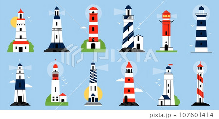Isolated coastline lighthouses. Flat lighthouse, birds flock, clouds and sun. Sea ocean elements, symbol of freedom and safety, decent vector collection 107601414